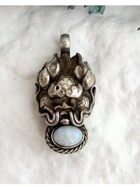 Mythical Guardian Face | Kirtimukha Opal Sterling Silver 925 Vintage Pendant